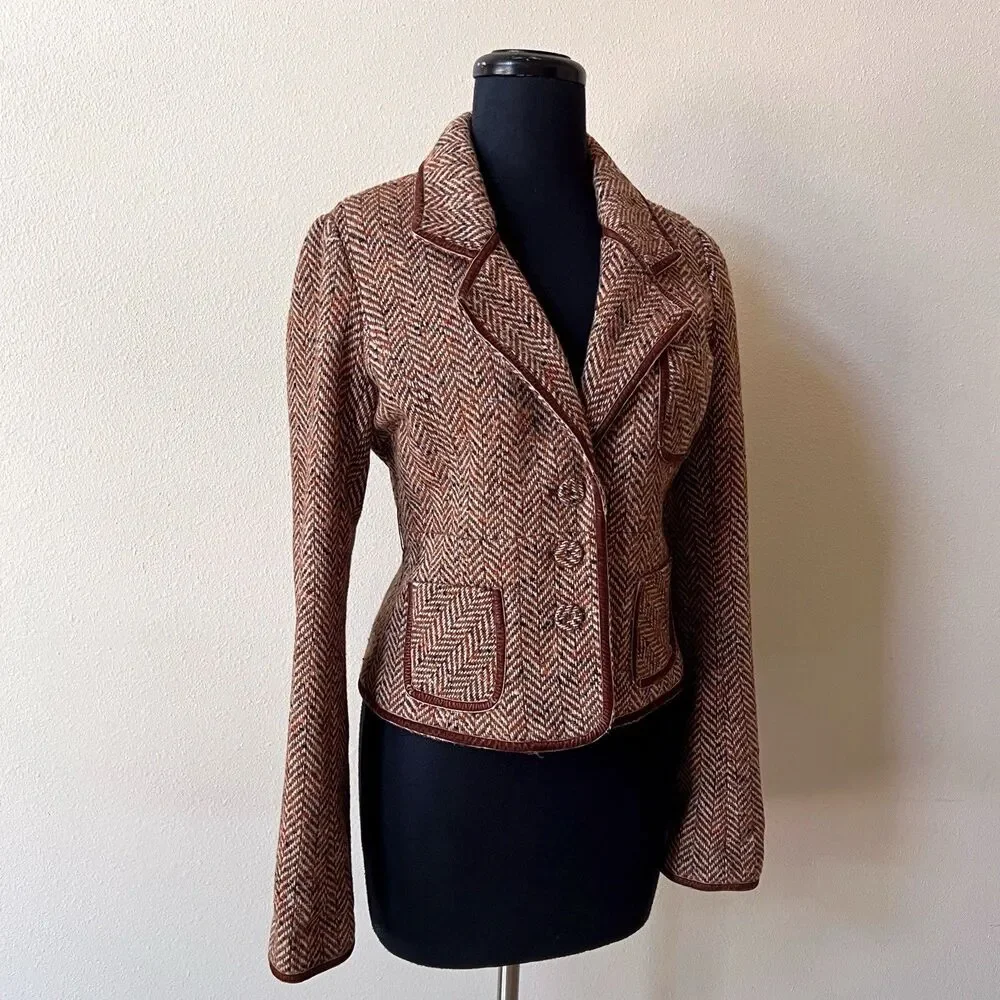 Vintage Abercrombie and Fitch Wool Herringbone Blazer M Velvet Trim Y2K Academia - Picture 4 of 11